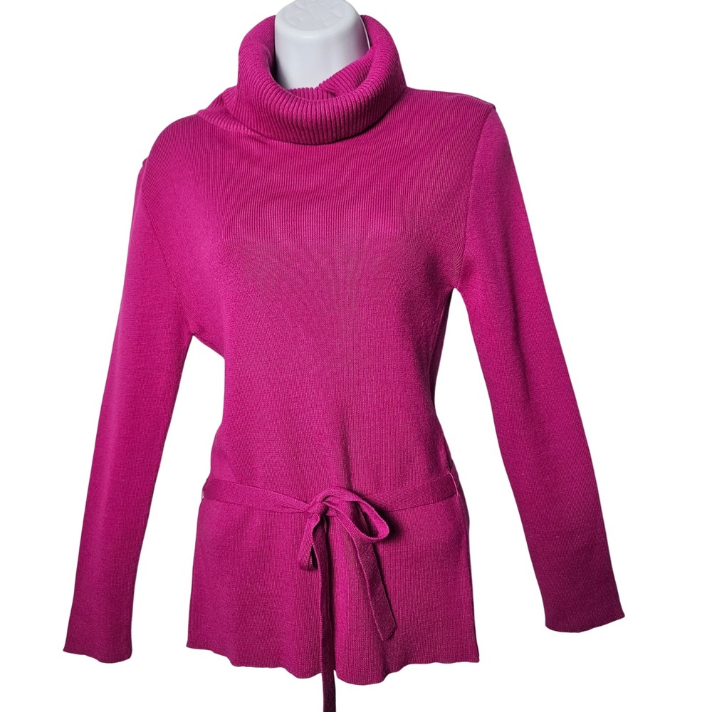 Thalhimers Womens Belted Turtleneck Sweater L Magenta Vintage Italian Wool Blend